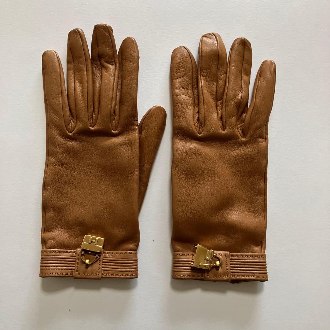 HERMES エルメス レザー手袋 ゴールド留め具付き
