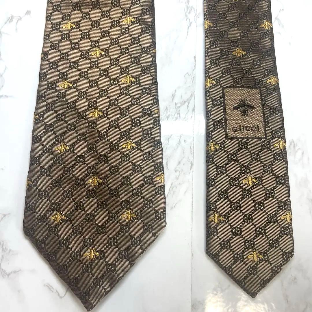 【美品】グッチ ネクタイ GG柄 蜂 ゴールド ブラウン 光沢 箱付き タグ付き