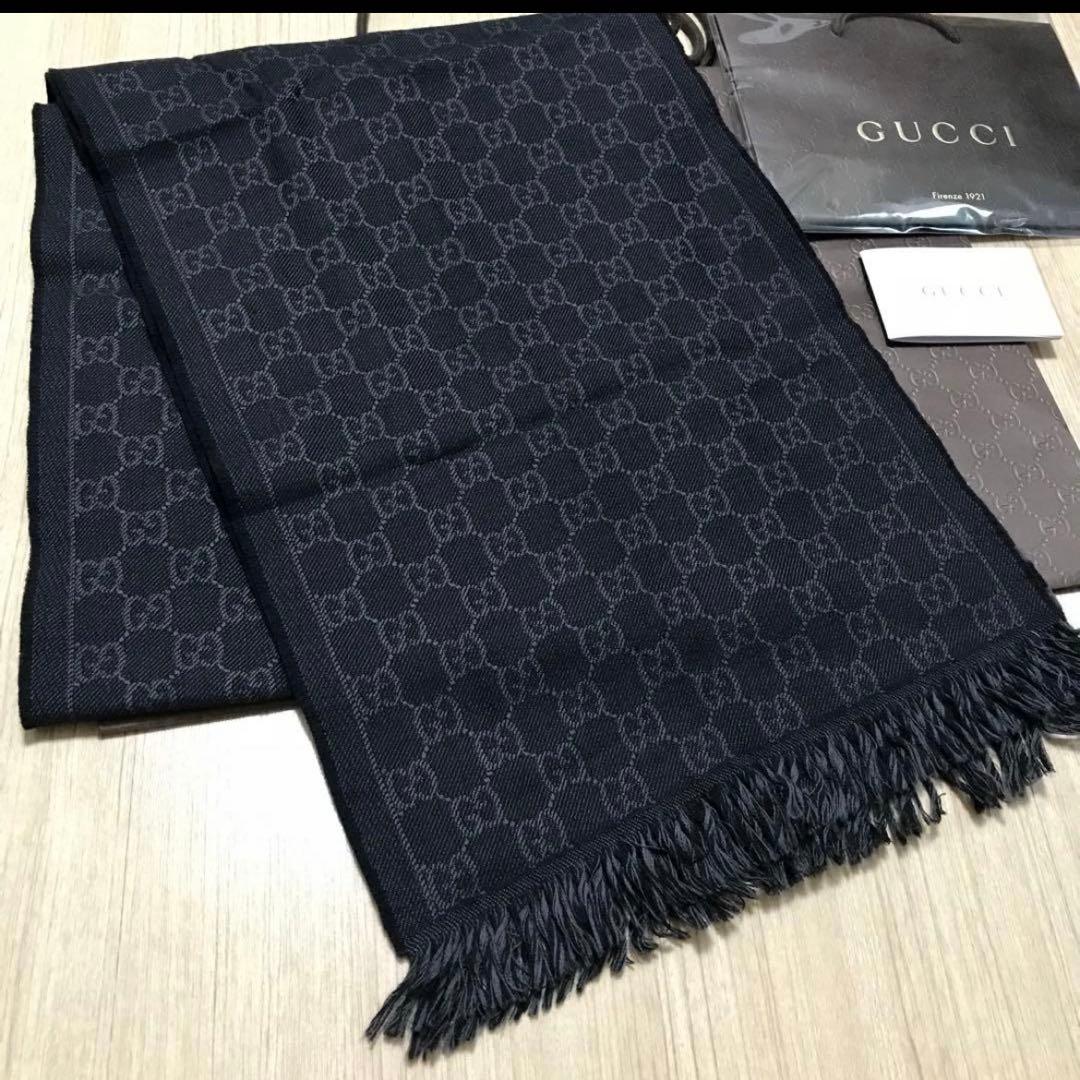 GUCCI ブラック GGパターン マフラー