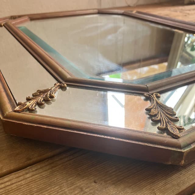 アンティーク ヴィンテージ 八角 ミラー ゴールド フレーム 鏡 ミラー カット