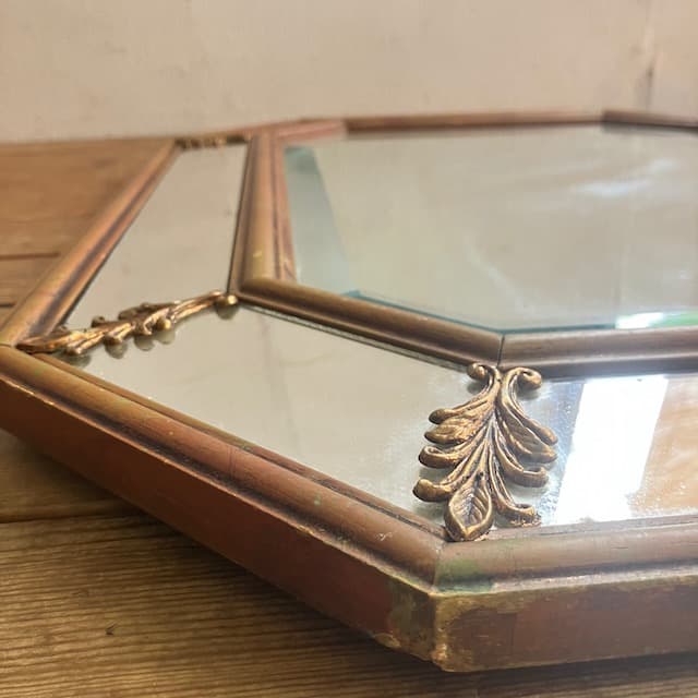 アンティーク ヴィンテージ 八角 ミラー ゴールド フレーム 鏡 ミラー カット