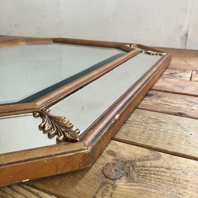 アンティーク ヴィンテージ 八角 ミラー ゴールド フレーム 鏡 ミラー カット