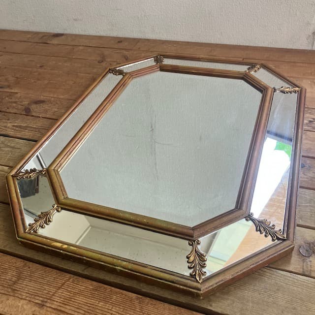 アンティーク ヴィンテージ 八角 ミラー ゴールド フレーム 鏡 ミラー カット