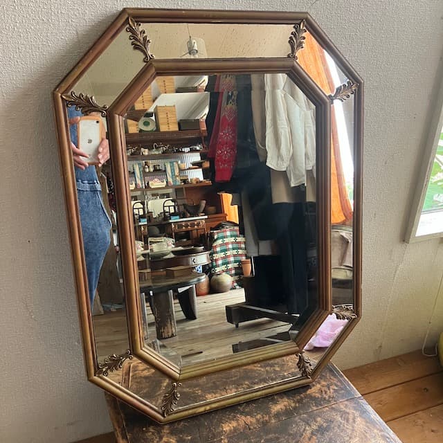 アンティーク ヴィンテージ 八角 ミラー ゴールド フレーム 鏡 ミラー カット