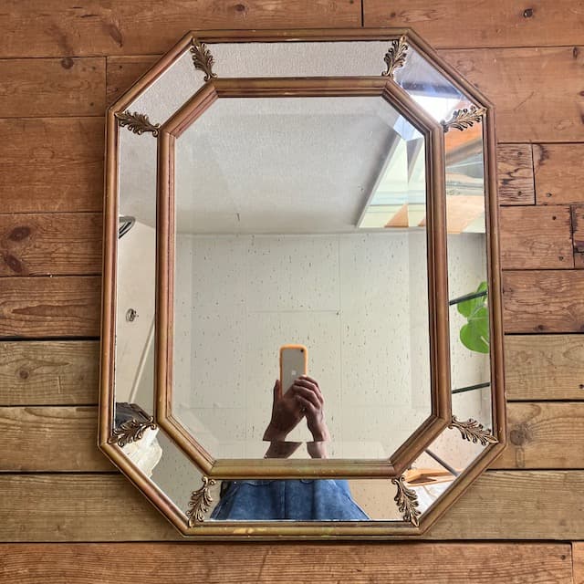 アンティーク ヴィンテージ 八角 ミラー ゴールド フレーム 鏡 ミラー カット