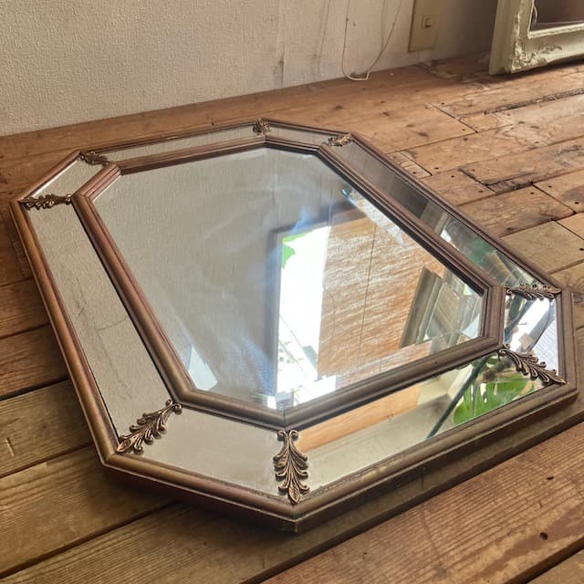 アンティーク ヴィンテージ 八角 ミラー ゴールド フレーム 鏡 ミラー カット