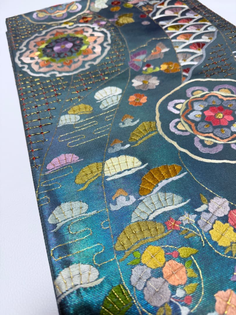 高級 袋帯 正絹 六通柄 汕頭刺繍 蘇州刺繍 メタリックブルー カラー芯