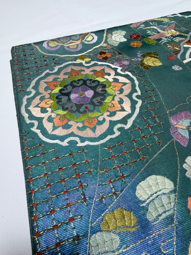 高級 袋帯 正絹 六通柄 汕頭刺繍 蘇州刺繍 メタリックブルー カラー芯