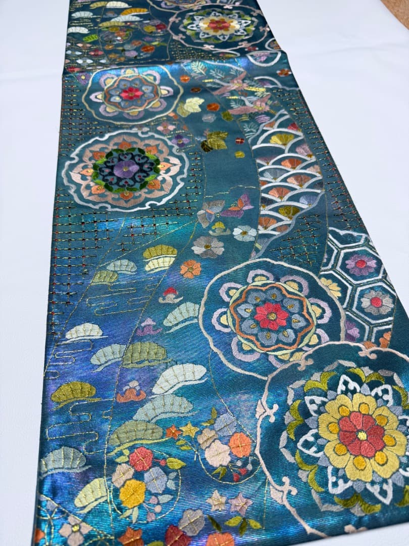 高級 袋帯 正絹 六通柄 汕頭刺繍 蘇州刺繍 メタリックブルー カラー芯