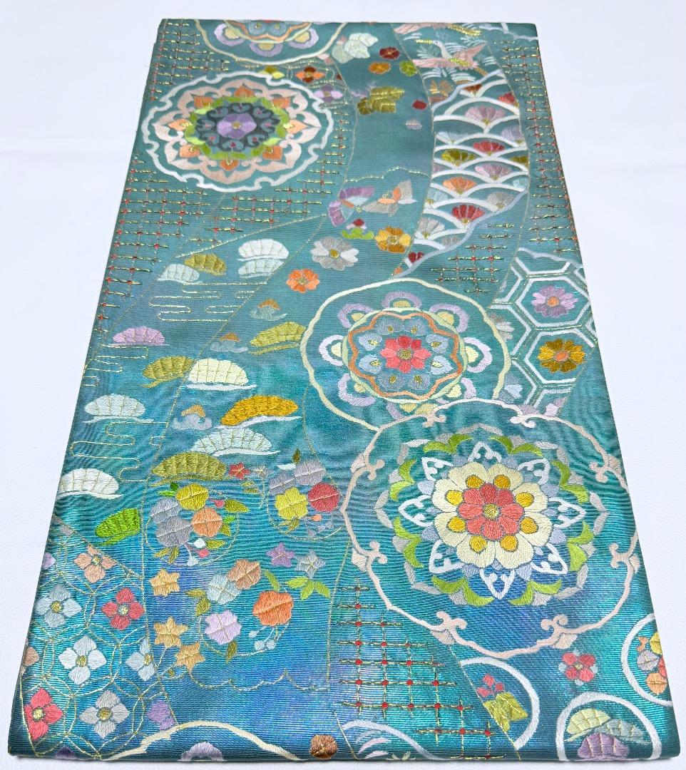 高級 袋帯 正絹 六通柄 汕頭刺繍 蘇州刺繍 メタリックブルー カラー芯