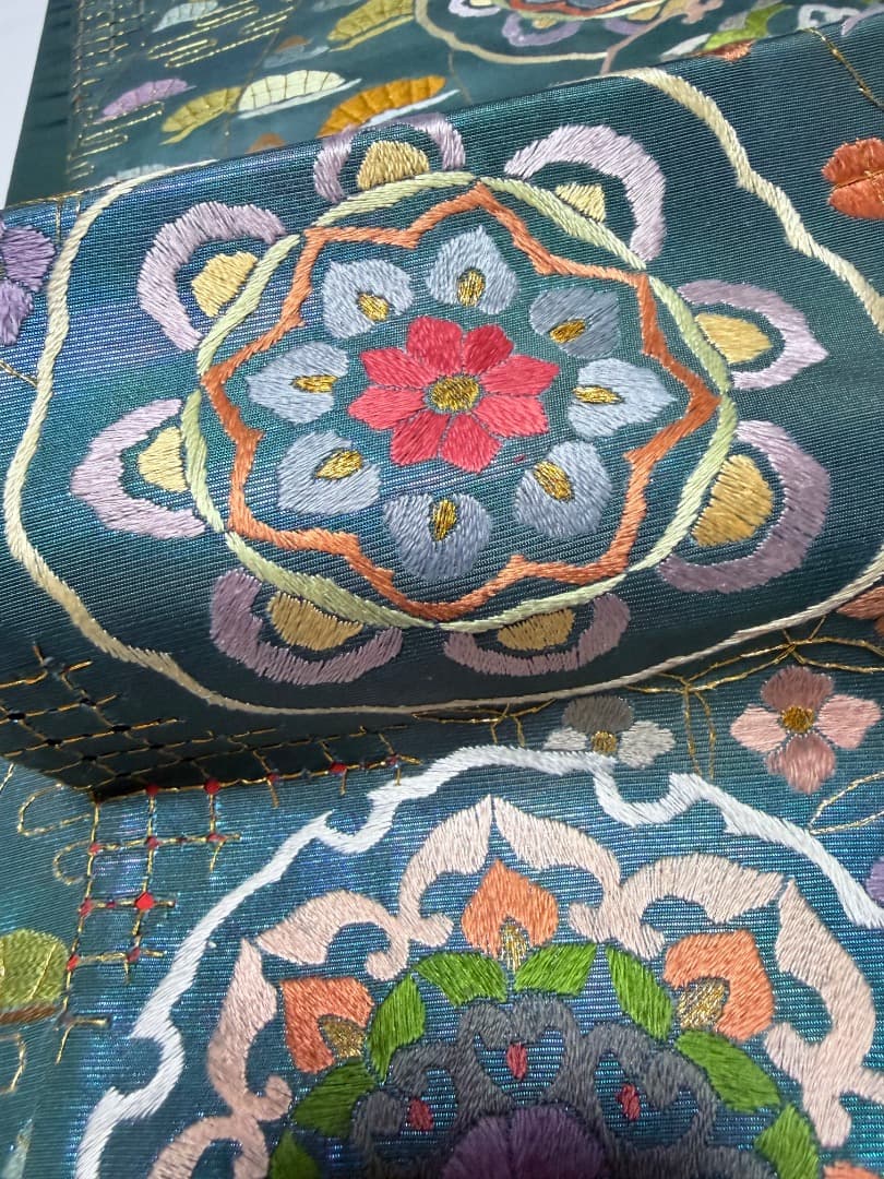 高級 袋帯 正絹 六通柄 汕頭刺繍 蘇州刺繍 メタリックブルー カラー芯