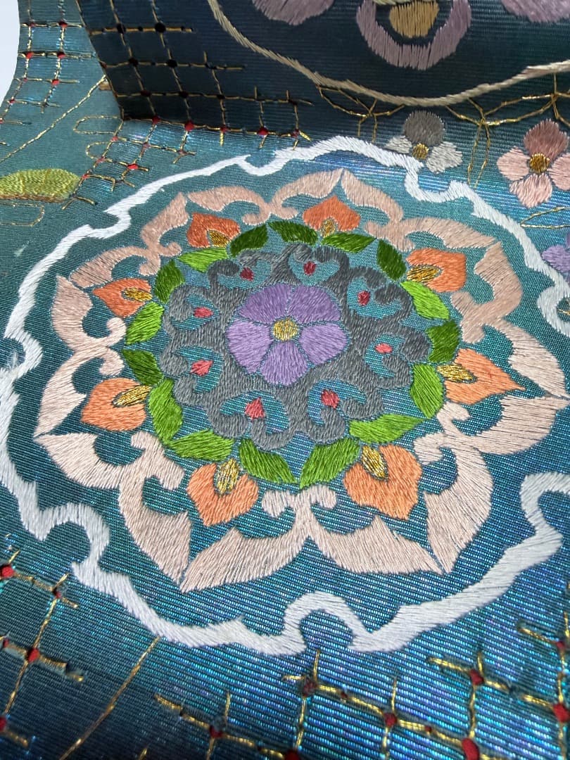 高級 袋帯 正絹 六通柄 汕頭刺繍 蘇州刺繍 メタリックブルー カラー芯