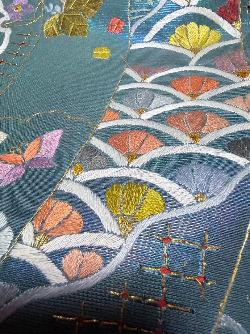 高級 袋帯 正絹 六通柄 汕頭刺繍 蘇州刺繍 メタリックブルー カラー芯