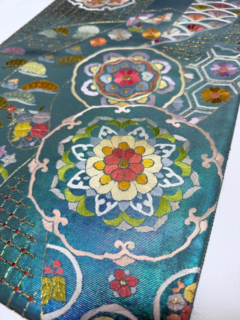 高級 袋帯 正絹 六通柄 汕頭刺繍 蘇州刺繍 メタリックブルー カラー芯