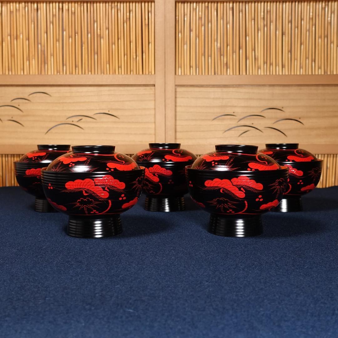 雅な逸品 天然木製 蓬莱山蒔絵 大振 煮物椀 雑煮椀 5客 共箱