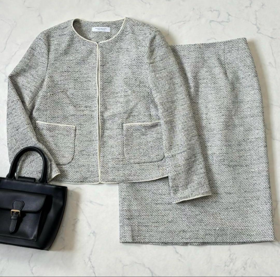 美品♪ビューティ&ユース ツイード ノーカラー スカートスーツ サイズL