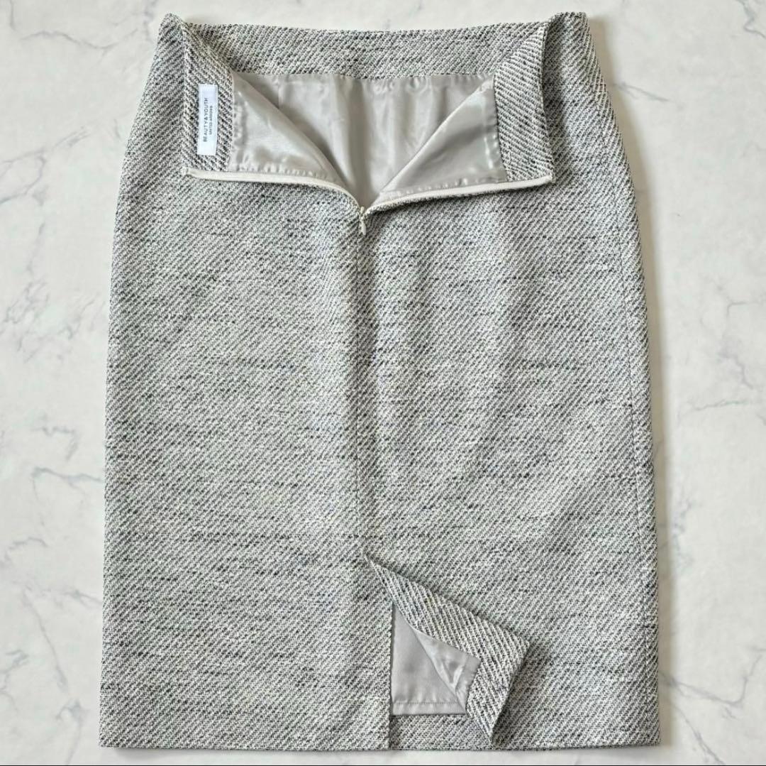 美品♪ビューティ&ユース ツイード ノーカラー スカートスーツ サイズL