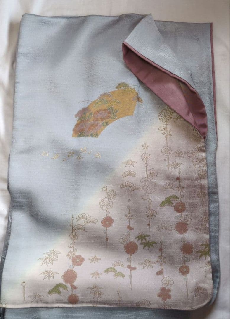 正絹　訪問着セット 薄青色　薄紫　ピンク 手刺繍　桔梗　 花柄 重ね衿付　帯付き