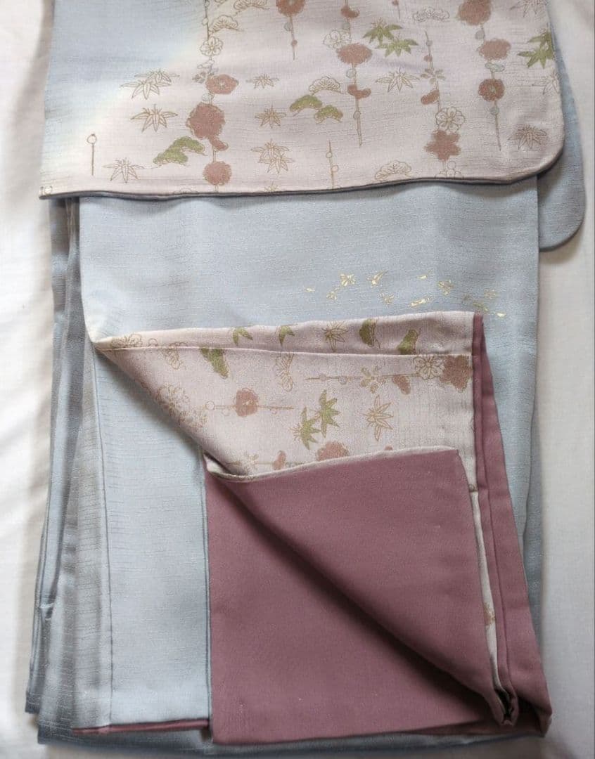 正絹　訪問着セット 薄青色　薄紫　ピンク 手刺繍　桔梗　 花柄 重ね衿付　帯付き