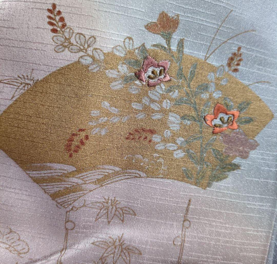 正絹　訪問着セット 薄青色　薄紫　ピンク 手刺繍　桔梗　 花柄 重ね衿付　帯付き