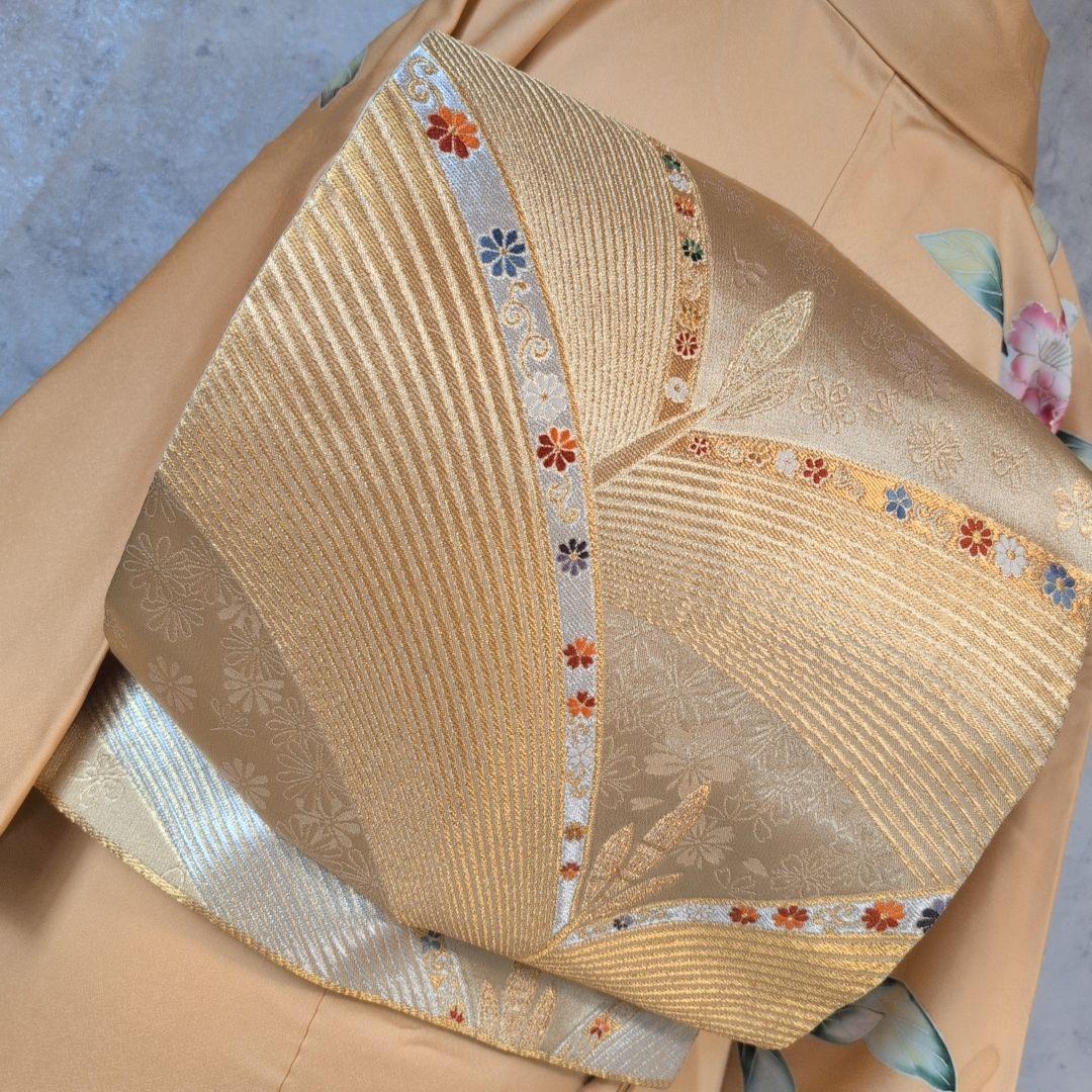 訪問着　フルセット　着物　正絹　生け花　しつけ糸　金　華やか　黄橙　C2