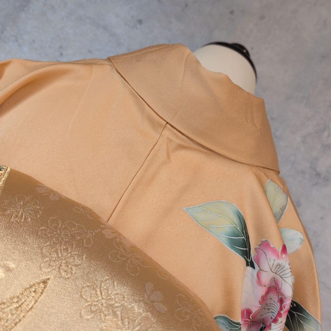 訪問着　フルセット　着物　正絹　生け花　しつけ糸　金　華やか　黄橙　C2