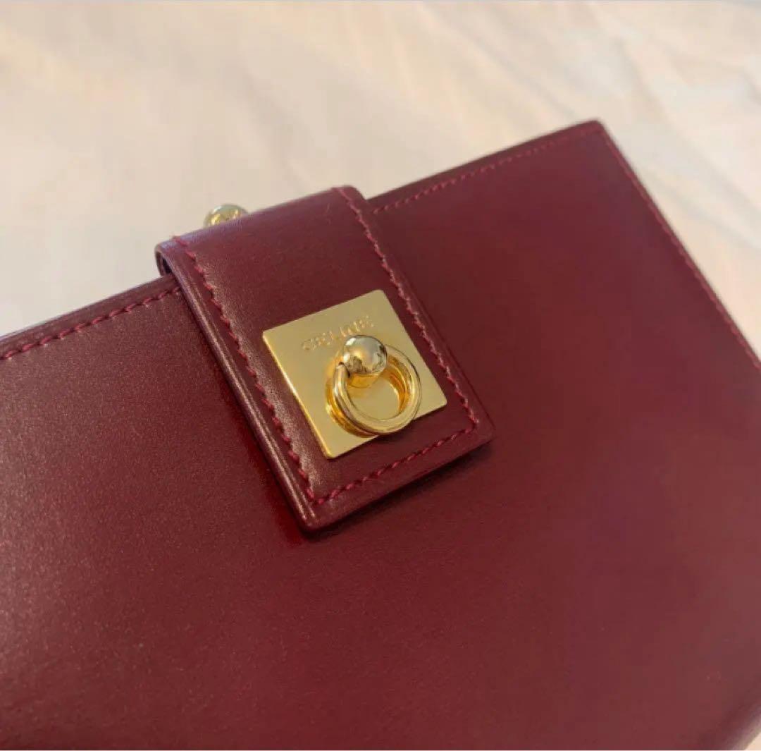【希少】セリーヌ　ヴィンテージ　ロゴサークル　ゴールド金具　レザー　ボルドー