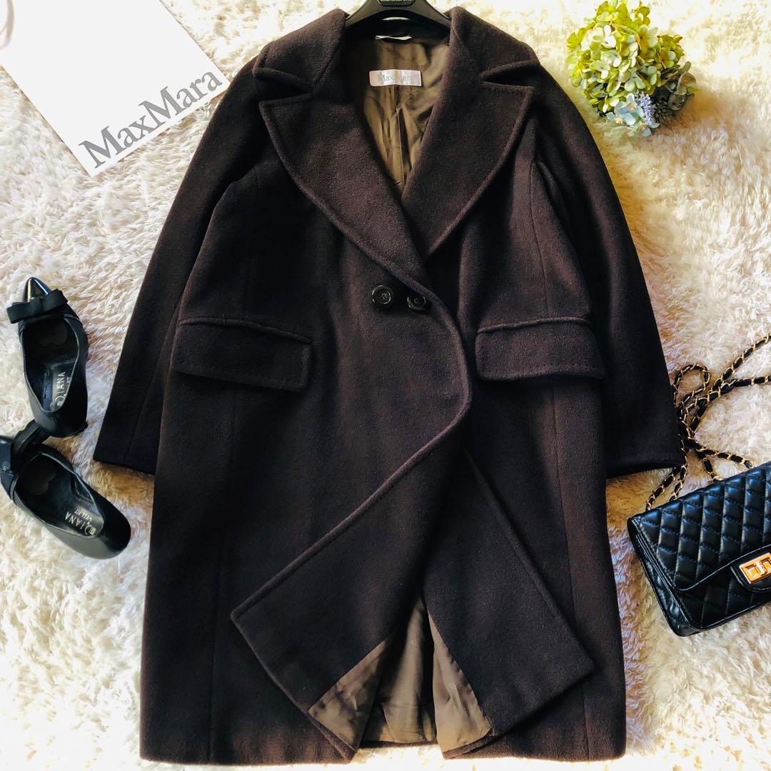美品✨マックスマーラ ロングコート カシミヤ混 女優襟 白タグ ブラウン 40