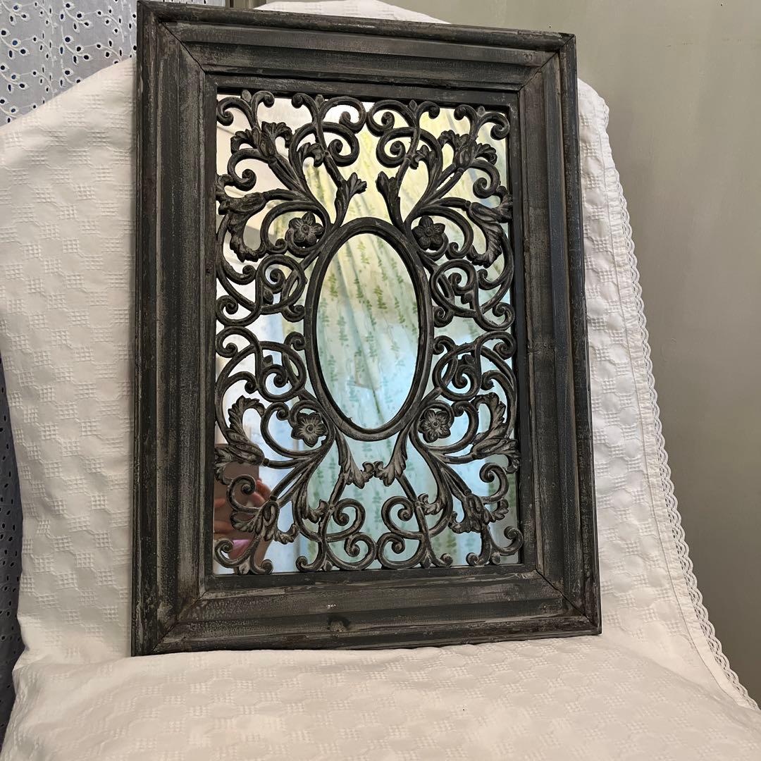 リー　アンティーク　木製　ミラー　ダークグレー