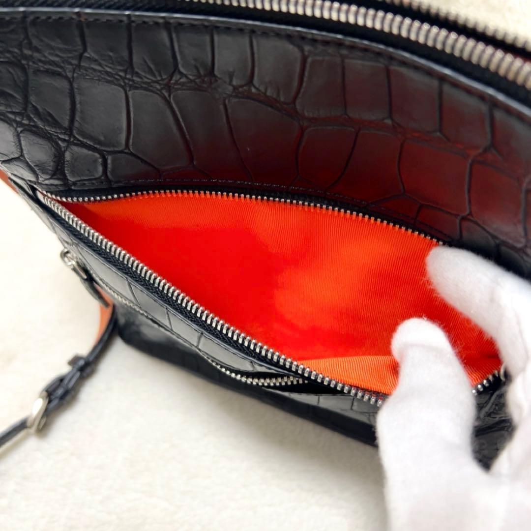 美品 本革 ショルダーバッグ クロコダイル レディース 黒 ブラック 三京商会