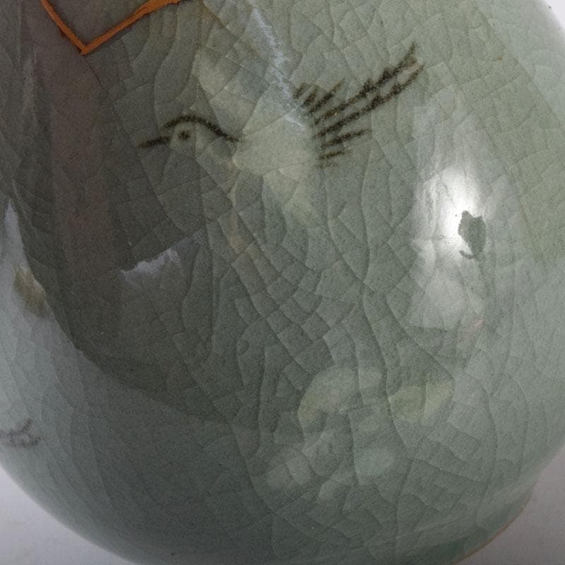 韓国人間文化財　柳海剛（柳根瀅）作　高麗青磁　象嵌鶴文　茶入　共箱　V　7835