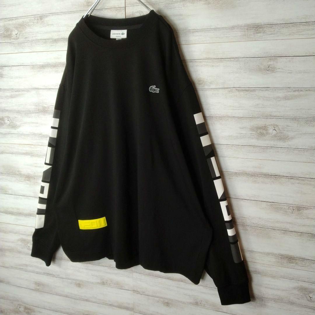 メンズ☆LACOSTE　極美品　ブラック　長袖カットソー　袖ロゴ両面ロゴ　XL