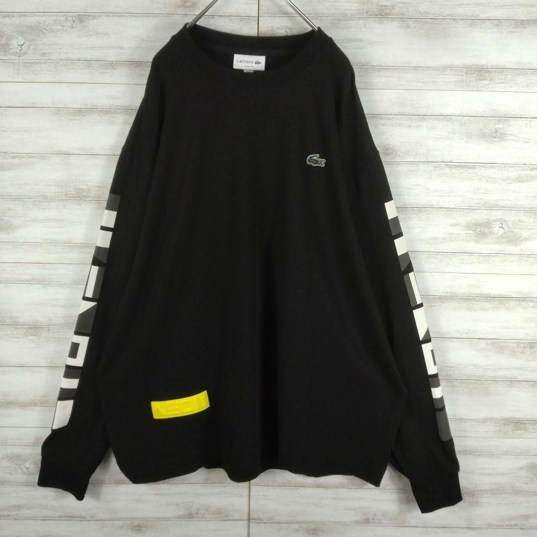 メンズ☆LACOSTE　極美品　ブラック　長袖カットソー　袖ロゴ両面ロゴ　XL