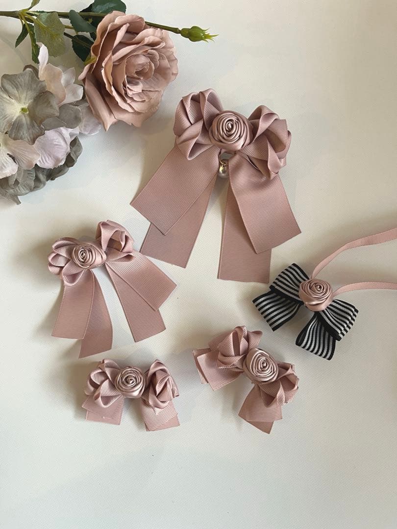 ハンドメイドリボン　おまとめ品　バレッタ　シューズクリップ　ヘアピン　ローズ