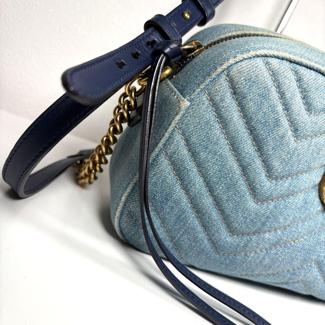 良品☆GUCCI GGマーモント デニム ショルダーバッグ パール ブルー