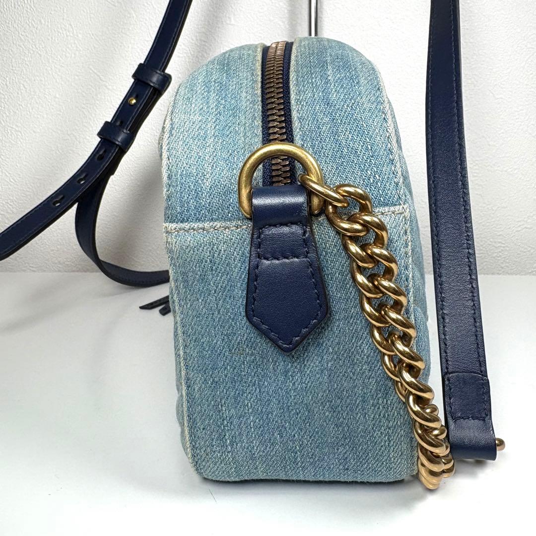 良品☆GUCCI GGマーモント デニム ショルダーバッグ パール ブルー