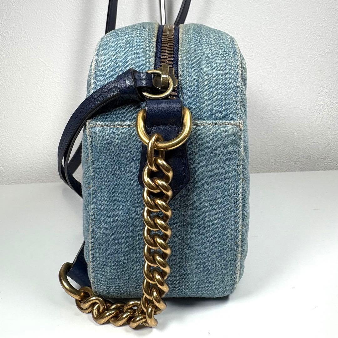 良品☆GUCCI GGマーモント デニム ショルダーバッグ パール ブルー