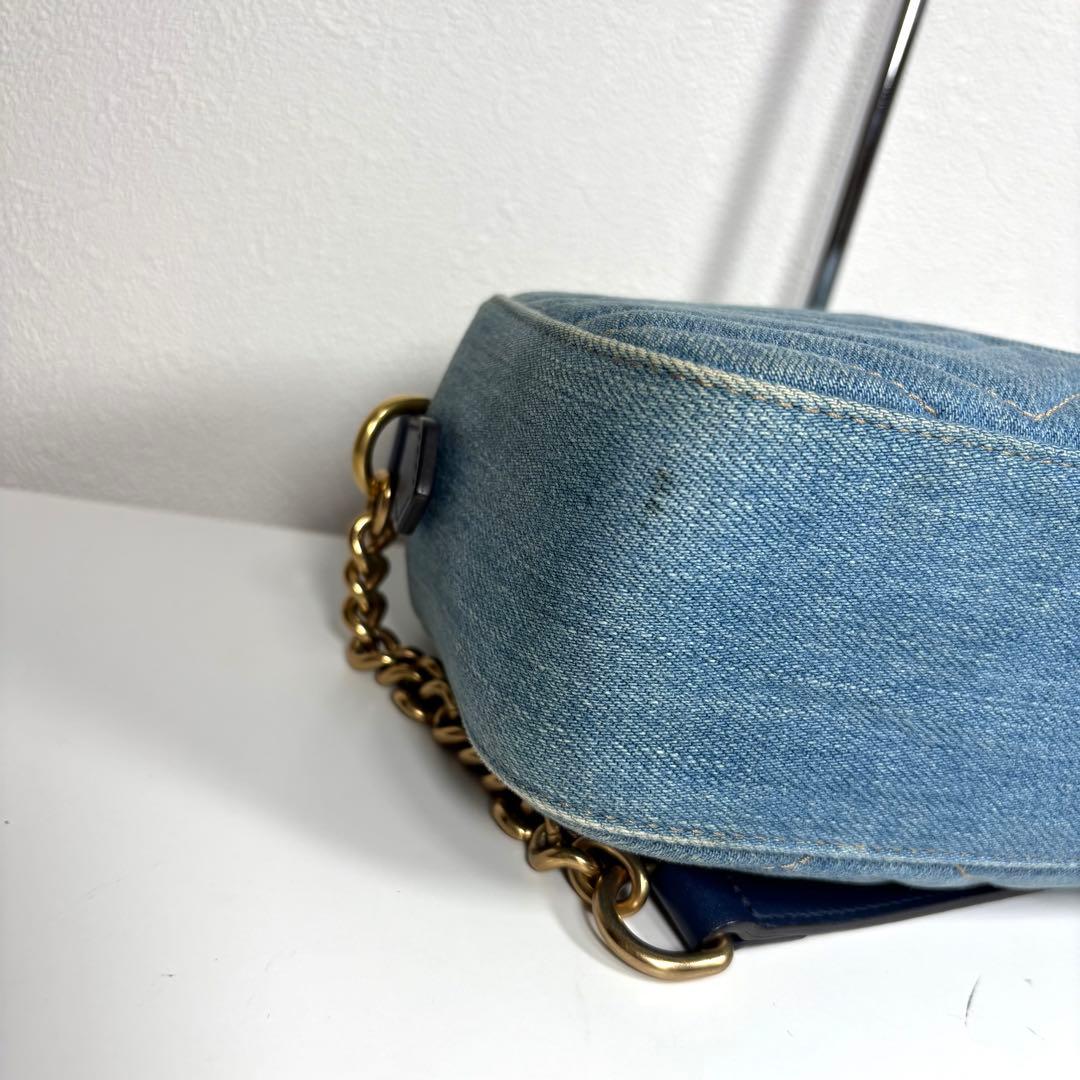 良品☆GUCCI GGマーモント デニム ショルダーバッグ パール ブルー