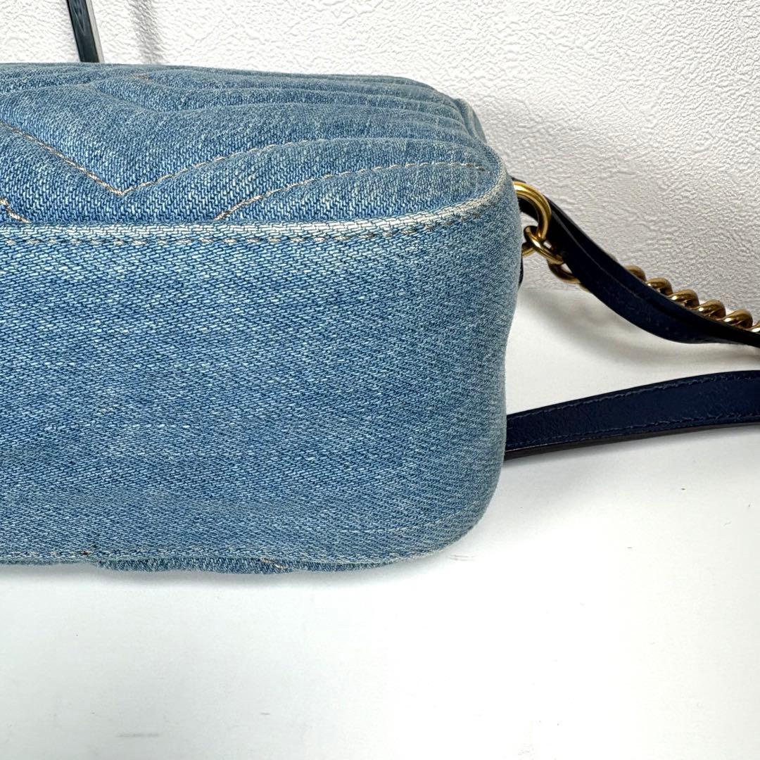 良品☆GUCCI GGマーモント デニム ショルダーバッグ パール ブルー