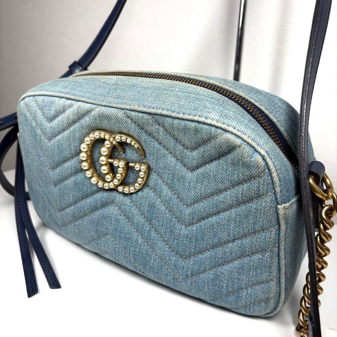 良品☆GUCCI GGマーモント デニム ショルダーバッグ パール ブルー