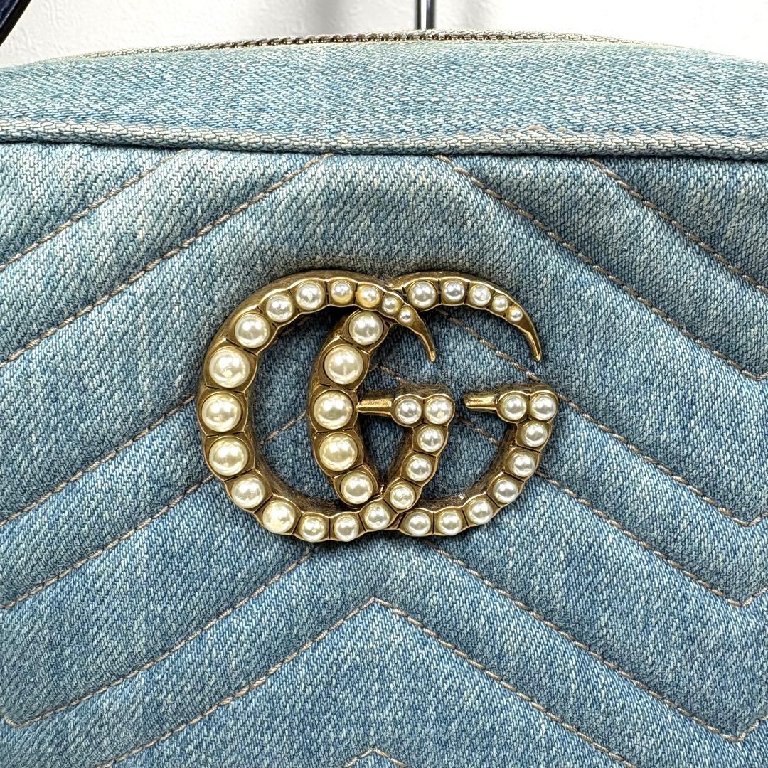 良品☆GUCCI GGマーモント デニム ショルダーバッグ パール ブルー