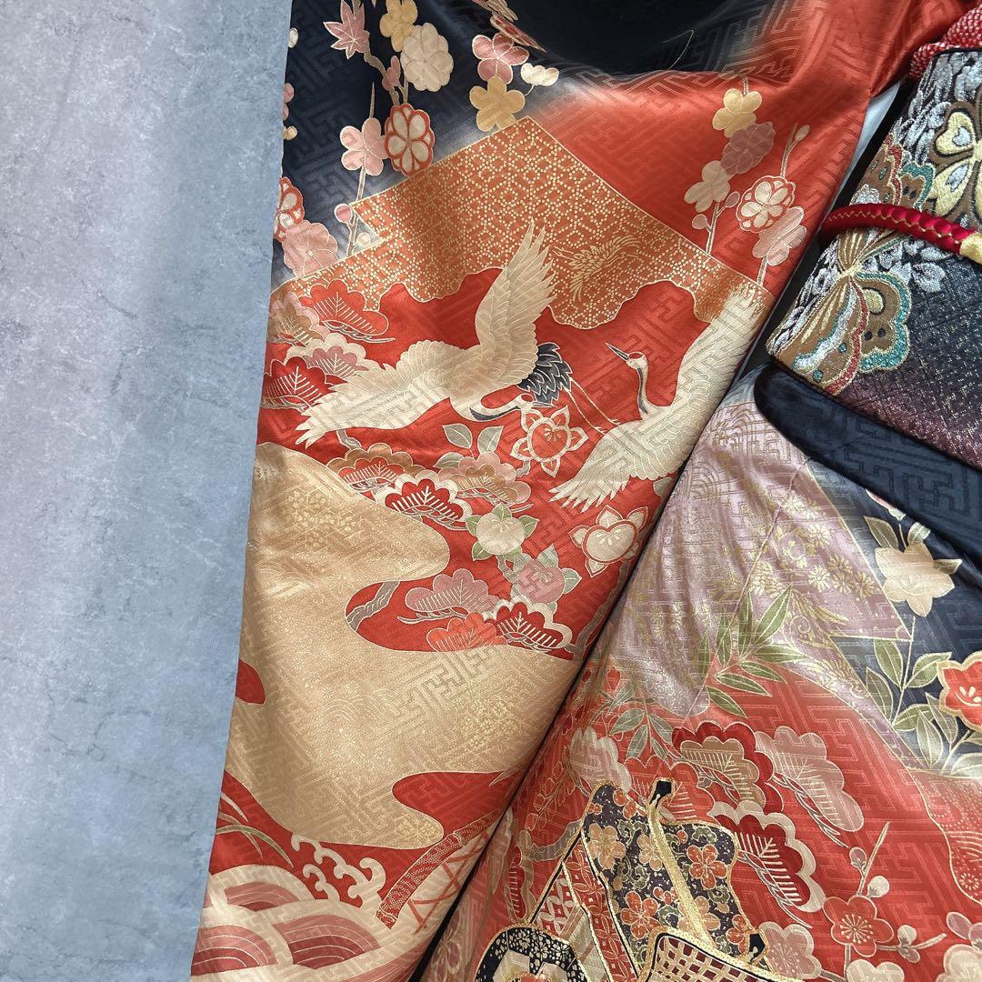 特価！振袖+長襦袢フルセット　古典柄　黒　ゴールド　かっこいい系　御所車　k2