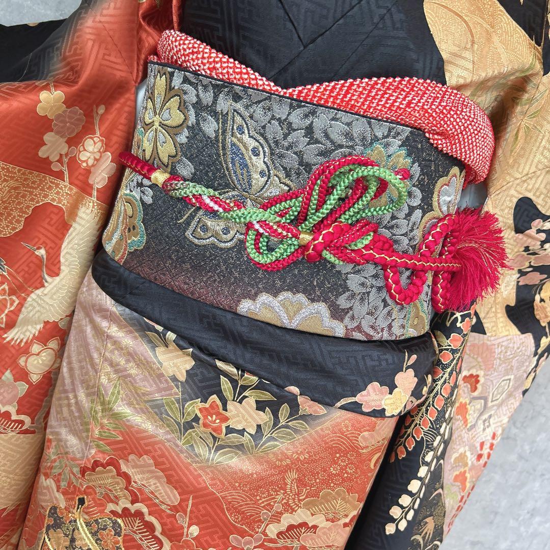 特価！振袖+長襦袢フルセット　古典柄　黒　ゴールド　かっこいい系　御所車　k2