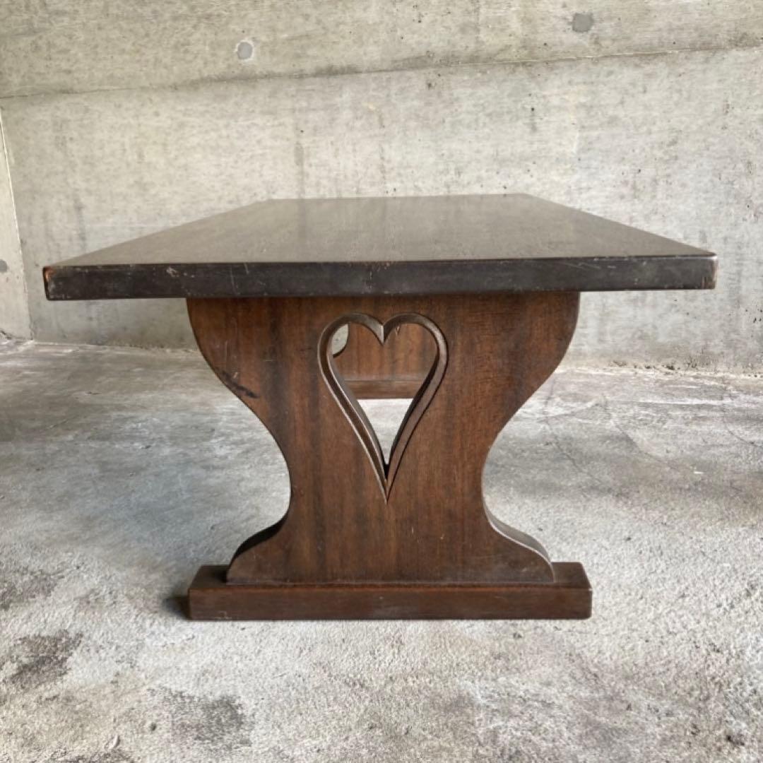 古い味のある文机 座卓 置物台 飾り棚 大型 透かし ハート型 木製 レトロ
