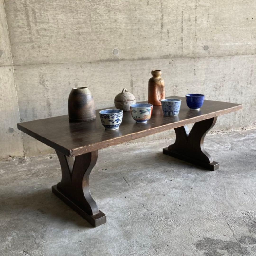 古い味のある文机 座卓 置物台 飾り棚 大型 透かし ハート型 木製 レトロ