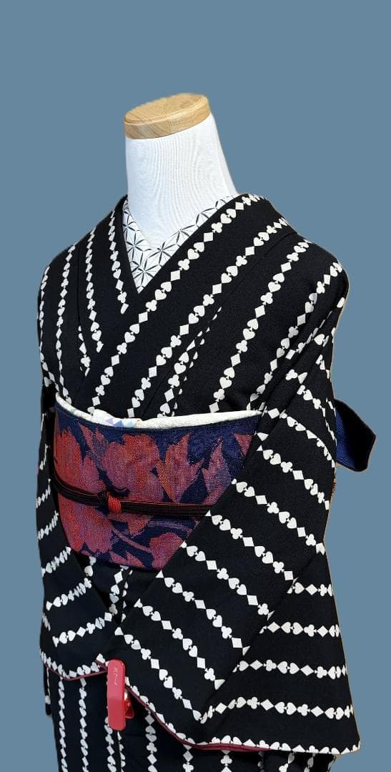 着物１２　ふりふ　いろはトランプストライプ柄袷着物　黒　身丈１６５裄丈６９