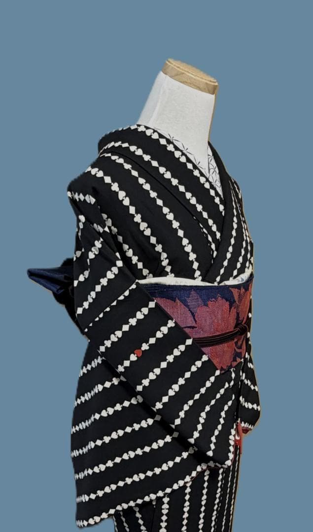 着物１２　ふりふ　いろはトランプストライプ柄袷着物　黒　身丈１６５裄丈６９