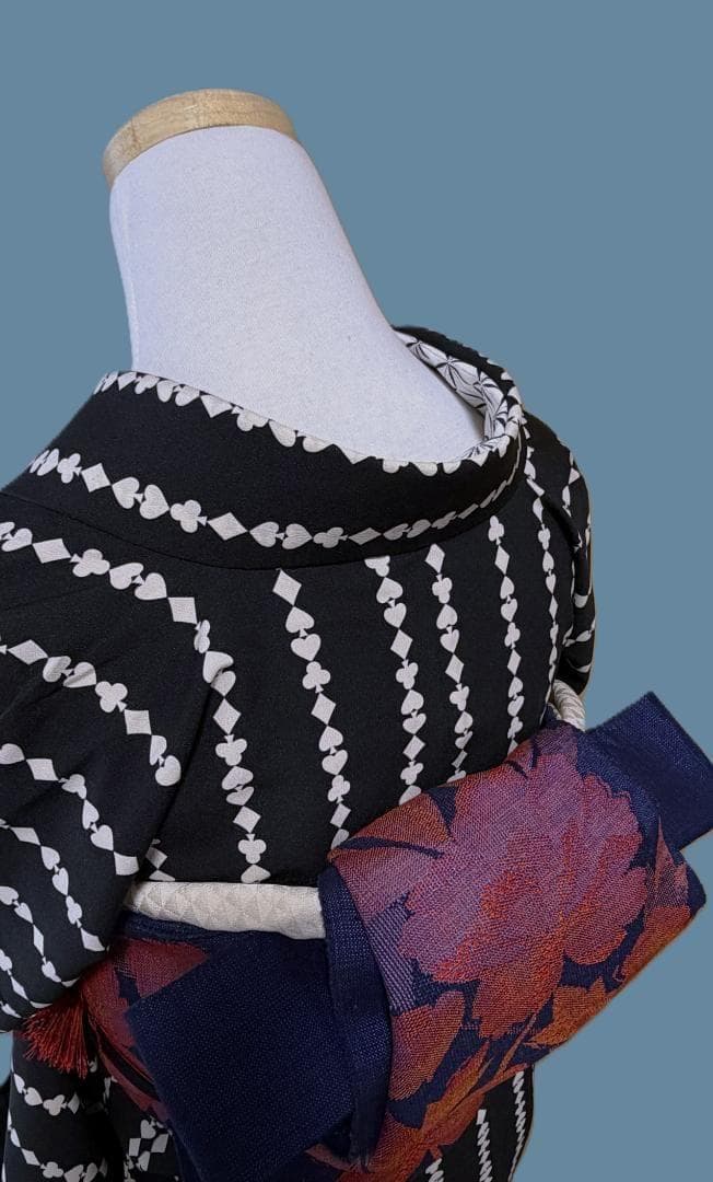 着物１２　ふりふ　いろはトランプストライプ柄袷着物　黒　身丈１６５裄丈６９