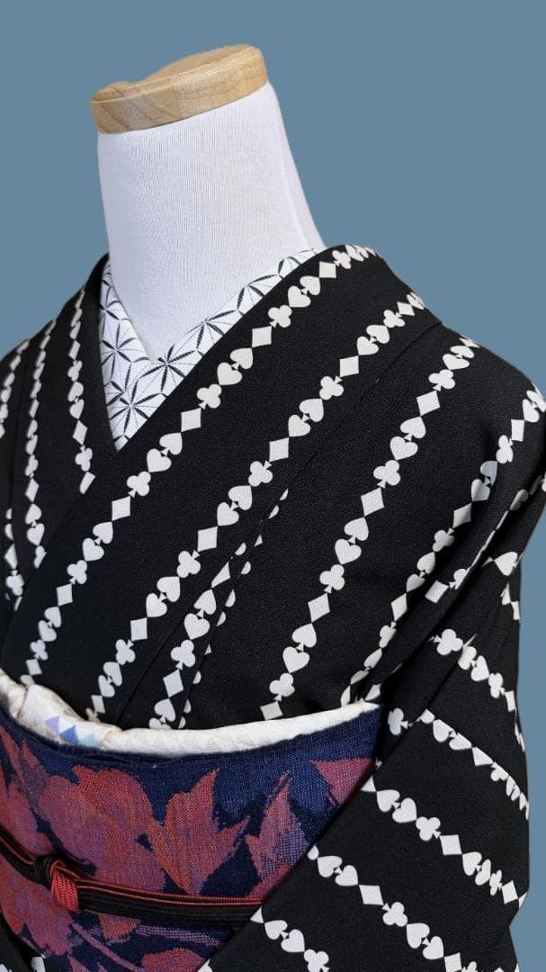 着物１２　ふりふ　いろはトランプストライプ柄袷着物　黒　身丈１６５裄丈６９