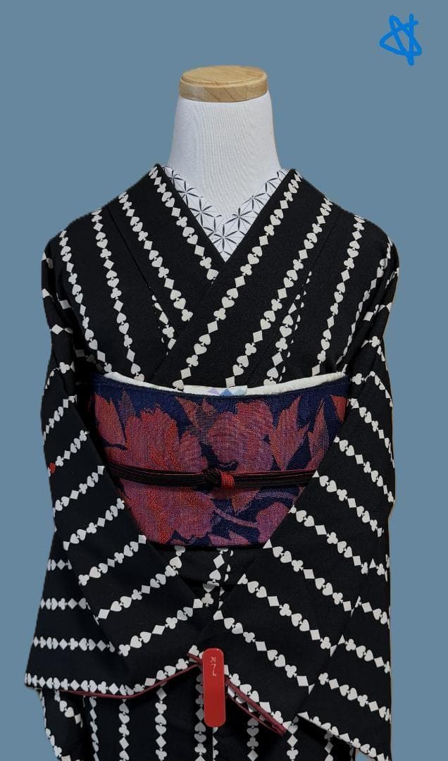 着物１２　ふりふ　いろはトランプストライプ柄袷着物　黒　身丈１６５裄丈６９